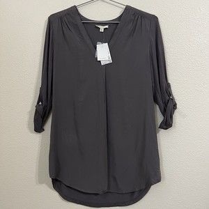 Pleone Womens Blouse Top Size XS Gray Roll Tab Sleeve NWT
